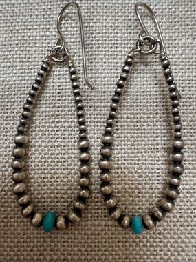 Sterling Silver Navaho Pearl Tear
Drop  Earrings with Turquoise Bead Accent